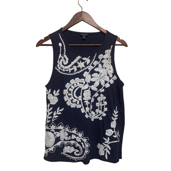 Lucky Brand Women's Top Navy Sleeveless Tank White Floral Embroidery Sz M Boho - Picture 1 of 15